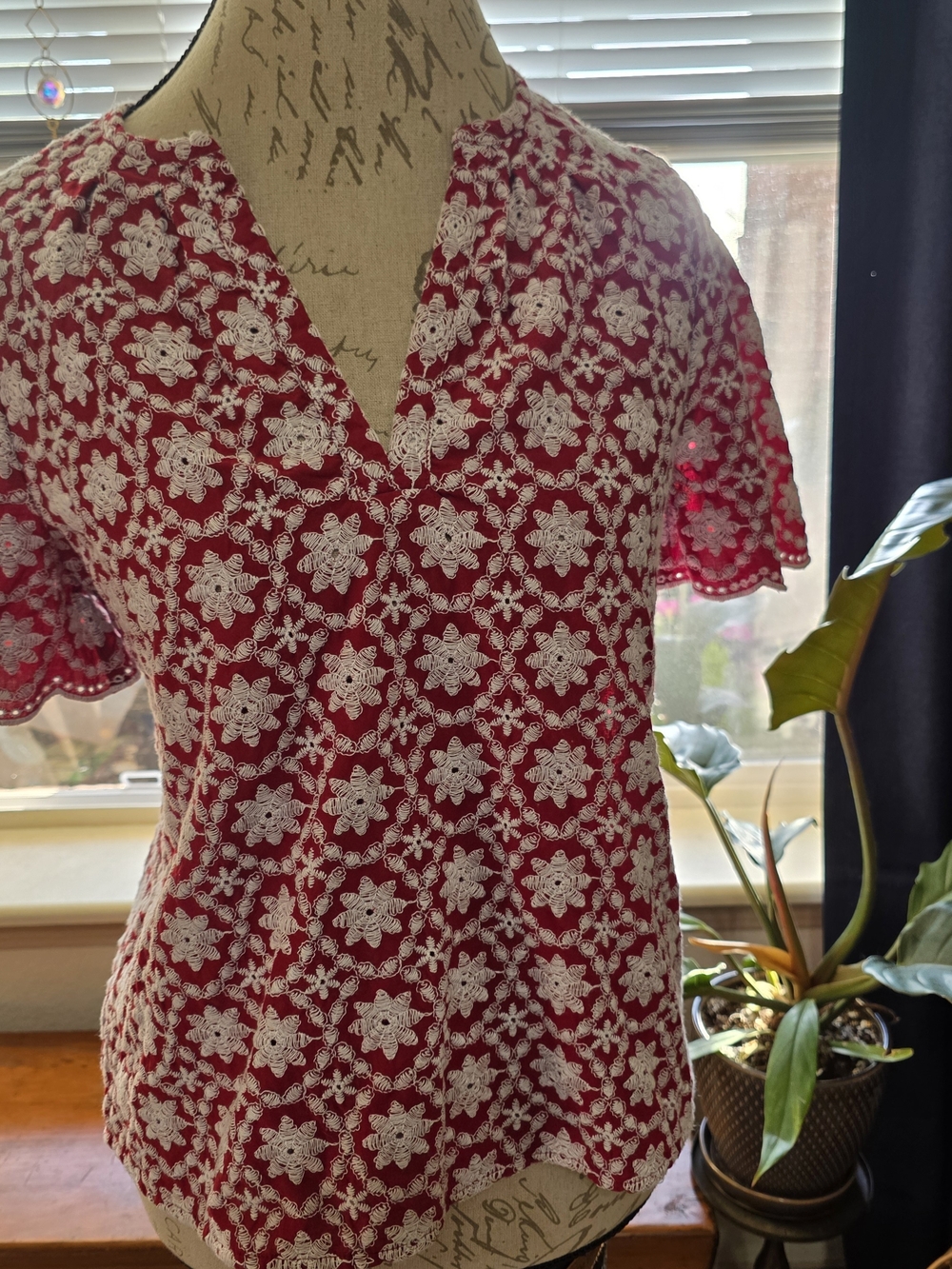 LOFT Boxy Red Floral All Over Crochet Top